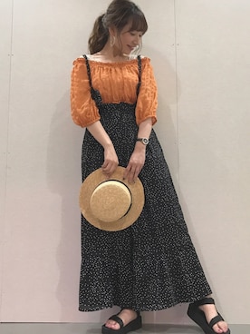 「AS KNOW AS PINKY（アズノゥアズピンキー）のアイテム（シャツ/ブラウス、オレンジ系）」を使った、kanakoさん（レディース・158cm）の夏コーディネート