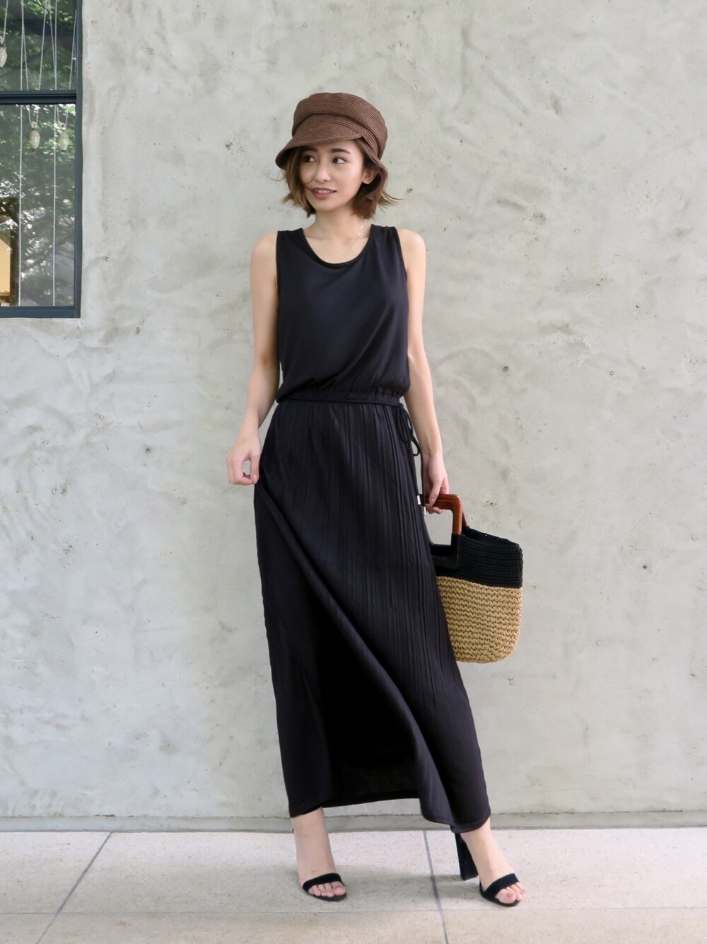 「夏コーデ、オトナカジュアル、ワンピース、ootd、キレイめ、ブラック」｜「My shawtyのrelax pleats onepiece（ワンピース、ブラック系）」を使った、Myshawty officialさん（レディース・160cm）の夏コーディネートの1枚目の写真