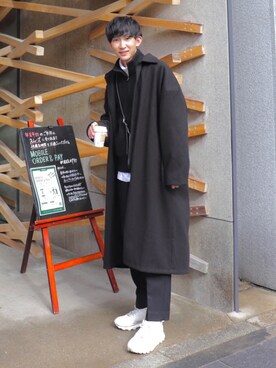 「neos（ネオス）のアイテム（ステンカラーコート）」を使った、 ごりゅーさん（メンズ・177cm）の冬コーディネート