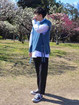 「Adoon plain（アドーンプレーン）のアイテム（ベスト）」を使った、 ごりゅーさん（メンズ・177cm）の春コーディネート