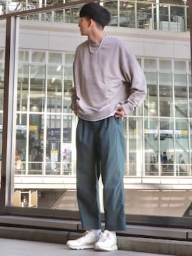 「MinoriTY（マイノリティ）の2タックテーパードワイドパンツ【MinoriTY × WEARISTA Mr.SZK（ミスタースズキ）コラボ】（スラックス）」を使った、 ごりゅーさん（メンズ・177cm）の春コーディネート