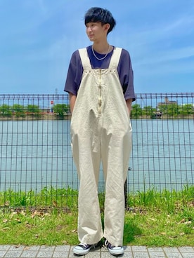 「アイテム（サロペット/オーバーオール、ホワイト系）」を使った、 ごりゅーさん（メンズ・177cm）の春コーディネート