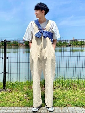 「アイテム（サロペット/オーバーオール、ホワイト系）」を使った、 ごりゅーさん（メンズ・177cm）の春コーディネート
