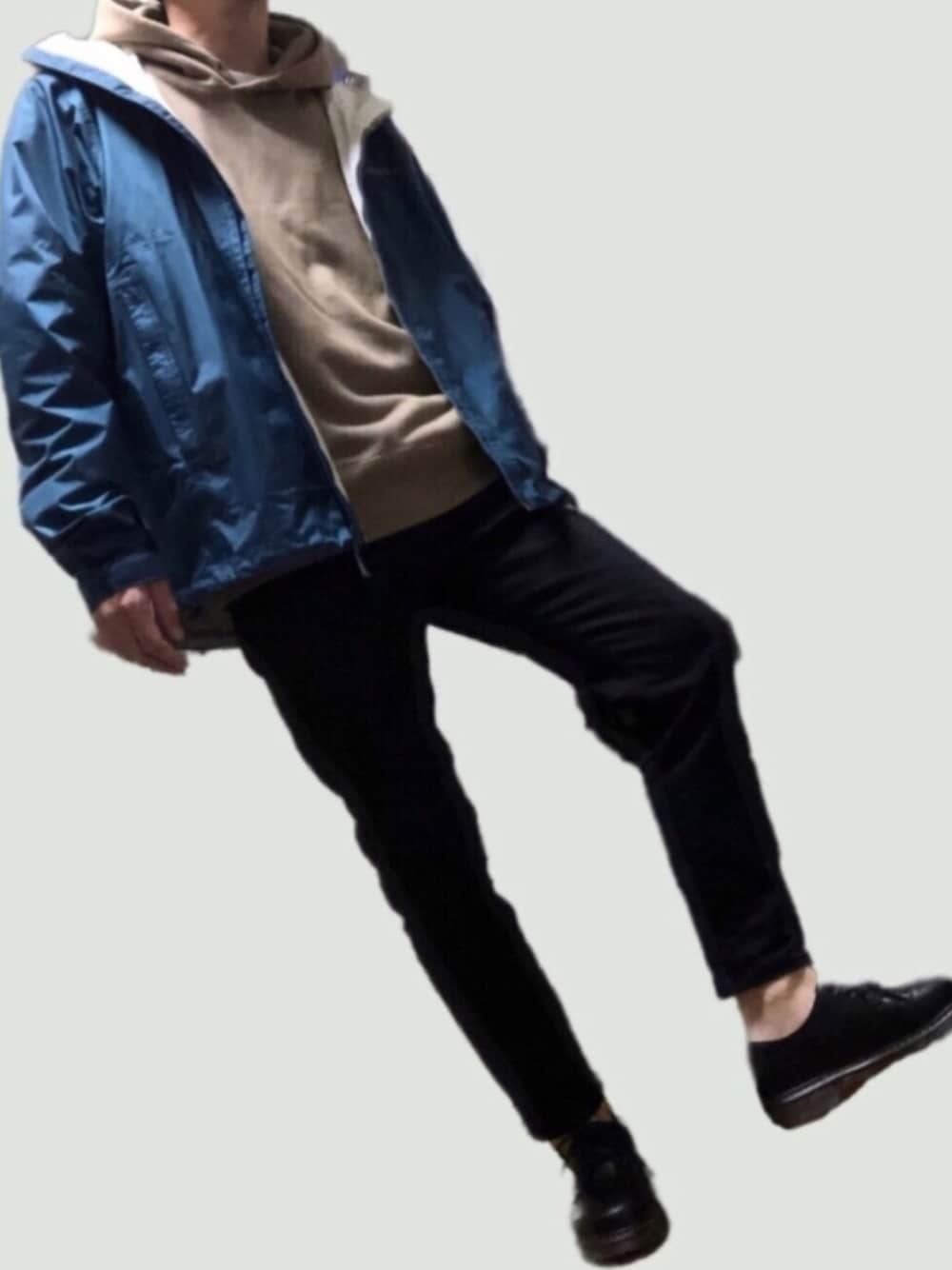 「patagonia、SVEC(SVEC)、zozoデニム、UNIQLO、黒スキニー、パーカー、マウンテンパーカー、GU、デニムパンツ、ゆるコーデ」｜「patagoniaのパタゴニア / メンズ・トレントシェル・ジャケット（マウンテンパーカー、ブルー系）」を使った、ポキB@ユニクロ勉強家(相互)さん（メンズ・167cm）の春コーディネートの1枚目の写真