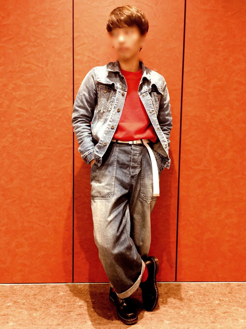 「Dr.Martens、デニムジャケット、ワイドデニム、johnbull、秋コーデ、なめ子のやってみたかったシリーズ、フォロー返します、靴下」｜「Johnbullのアイテム（パンツ、ブルー系）」を使った、なめ子さん（メンズ・163cm）の秋コーディネートの1枚目の写真