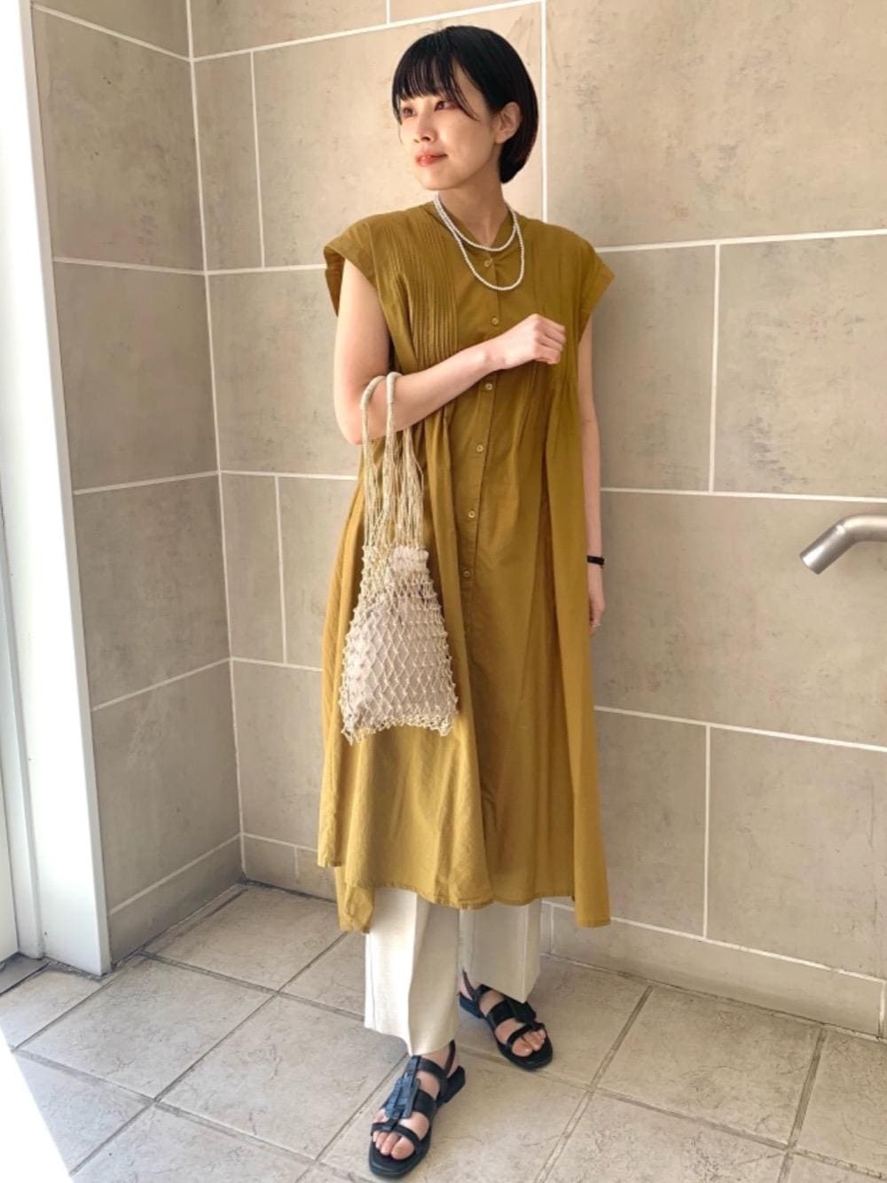 「トレンド、リラックス、ぱんつ、□骨格ウェーブ」｜「green label relaxingのSC メタルパール ロング ネックレス（ネックレス、シルバー系）」を使った、Araya_ｍさん（レディース・161cm）の夏コーディネートの1枚目の写真