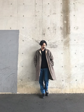 「チドリ柄」｜「アイテム（ステンカラーコート）」を使った、kakimoto hisatakaさん（メンズ・176cm）の秋コーディネート