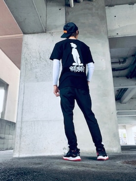 「いつもありがとうございます」｜「アイテム（スウェットパンツ）」を使った、空飛ぶぺんぎんさん（メンズ・175cm）の夏コーディネート