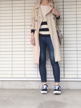 「ボーダーニット」｜「アイテム（トレンチコート）」を使った、ふくみさん（レディース・172cm）の冬コーディネート