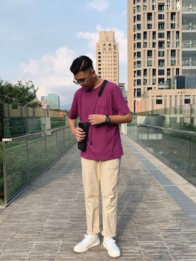 「oqLiq（オークリック）のアイテム（バッグ）」を使った、Kai Changさん（メンズ・179cm）の夏コーディネート