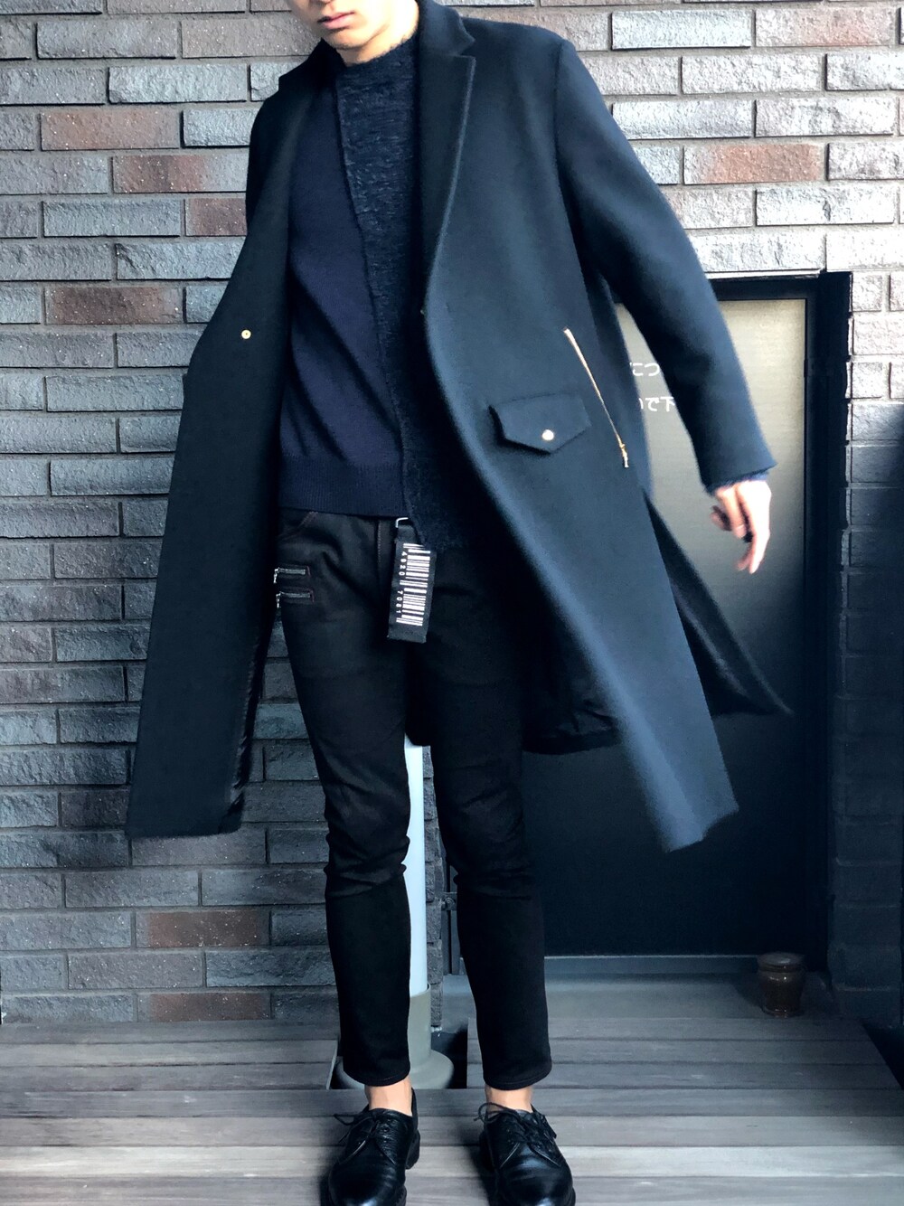 「CULLNI、STUDIOUS、SHAREEF、Dr.Martens」｜「CULLNIの2018秋冬　 ライダースチェスターコート（チェスターコート、ブラック系）」を使った、SENA☆さん（メンズ・179cm）の冬コーディネートの1枚目の写真