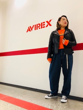 「アメカジ」｜「アイテム（ライダースジャケット）」を使った、AIKAさん（レディース・156cm）の秋コーディネート