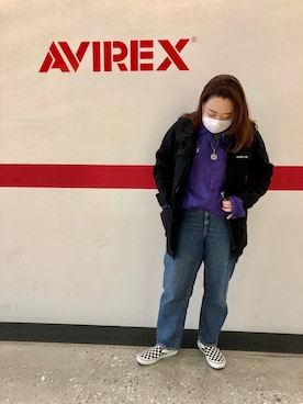 「パープル×黒」｜「アイテム（シャツ/ブラウス）」を使った、AIKAさん（レディース・156cm）の冬コーディネート