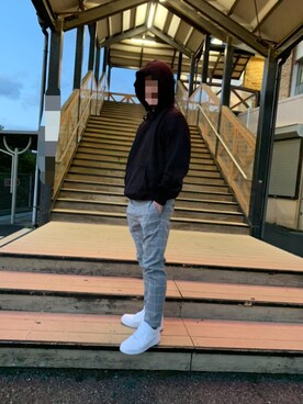 「GU（ジーユー）のアイテム（Hoodies、ブラック系）」を使った、わにさんの春コーディネート