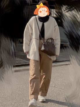 「ユニクロ」｜「アイテム（ムートンコート）」を使った、ゆんさん（レディース・155cm）の冬コーディネート