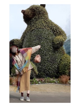「チェックマフラー」｜「アイテム（ムートンコート）」を使った、k✳︎mさん（レディース・157cm）の冬コーディネート