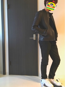 「HARE（ハレ）のレザーシングルライダース(HARE)（ライダースジャケット、ブラック系）」を使った、フルグラ専門店さん（メンズ・172cm）の春コーディネート