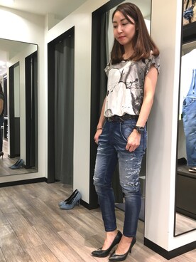 「DIESEL（ディーゼル）の00SXSH0NAPD（Tシャツ/カットソー、ホワイト系）」を使った、Misakiさん（レディース・158cm）の春コーディネート