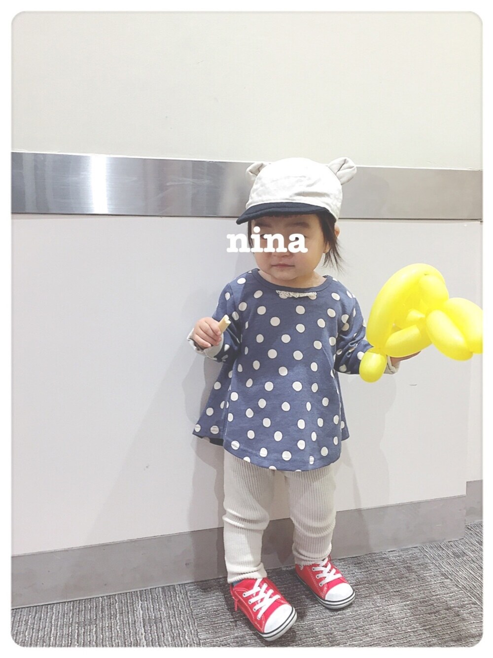 「チームうすげちゃん、mimicap、プチプラ、プチプラバーズ✌︎、うしろ姿」｜「Handmadeのアイテム（キャップ、ベージュ系）」を使った、ｎｉｎａさん（キッズ・80cm）の春コーディネートの1枚目の写真