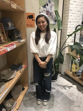 「アイテム（ハンチング/ベレー帽）」を使った、14+ イオンモール京都桂川店 スタッフさん（レディース・154cm・10代）の夏コーディネート