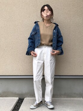 「ワッフル」｜「アイテム（デニムジャケット）」を使った、𝚔𝚘さん（レディース・160cm）の春コーディネート