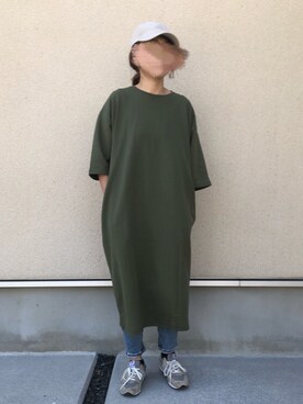 「Chaco closet（チャコ クローゼット）のバルーンスリーブ7分袖ポケット付きミニ裏毛Aラインスウェットワンピース（ワンピース）」を使った、𝚔𝚘さん（レディース・160cm）の春コーディネート