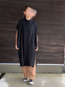 「UNIQLO（ユニクロ）のリネンブレンドロングシャツ（半袖）（シャツ/ブラウス）」を使った、𝚔𝚘さん（レディース・160cm）の夏コーディネート