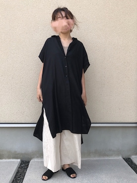 「UNIQLO（ユニクロ）のリネンブレンドロングシャツ（半袖）（シャツ/ブラウス）」を使った、𝚔𝚘さん（レディース・160cm）の夏コーディネート