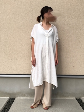 「UNIQLO（ユニクロ）のリネンブレンドロングシャツ（半袖）（シャツ/ブラウス）」を使った、𝚔𝚘さん（レディース・160cm）の夏コーディネート