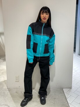 「X-girl（エックスガール）のWIDE TAPERED PANTS（その他パンツ）」を使った、西端真由さん（レディース・158cm）の冬コーディネート