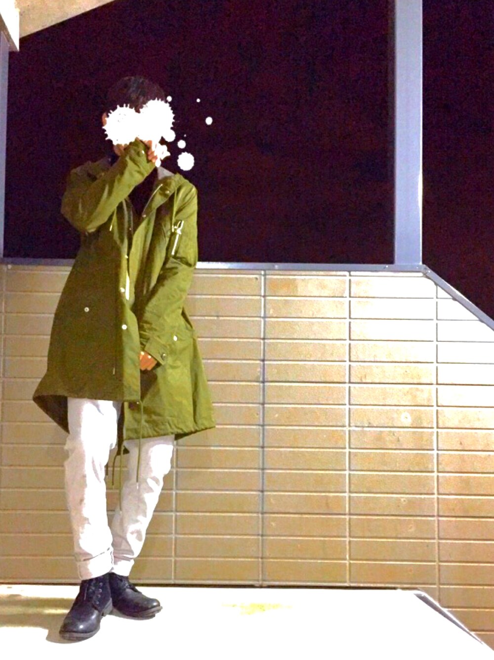 「シンプルコーデ、カジュアル、シンプル、プチプラ、タートルネックニット、モッズコート、ロールアップ、UNIQLO」｜「DISCOVEREDの【DISCOVERED】 別注モッズコート（モッズコート、グリーン系）」を使った、ノルノラさん（メンズ・165cm）の冬コーディネートの1枚目の写真