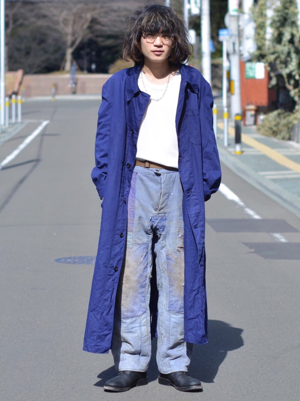 「春コーデ、ヴィンテージ、フレンチワーク、ワークパンツ、古着コーデ、mythography」｜「VINTAGEの1950s vintage French work pants（パンツ、ブルー系）」を使った、Utah___MATSUYANさん（メンズ・165cm）の冬コーディネートの1枚目の写真