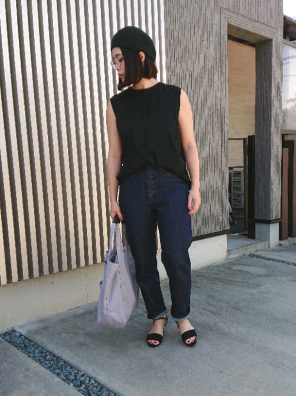 「秋服準備はじめました、秋服、ママファッション、GU、ジーユーコーデ、上下GU、めがね、ベレー帽×メガネ」｜「LEPSIMのバスクベレー　803833（ハンチング/ベレー帽、ブラック系）」を使った、Kuroさん（レディース・154cm）の秋コーディネートの1枚目の写真
