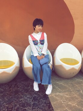 「d'zzitのアイテム（シャツ/ブラウス、ホワイト系）」を使った、无氧年さん（レディース・160cm）の春コーディネート