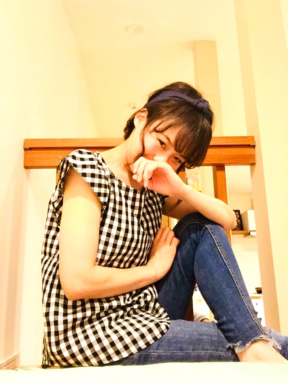 「GUのアイテム（シャツ/ブラウス、その他）」を使った、m@chacoさん（レディース・155cm）の春コーディネートの1枚目の写真