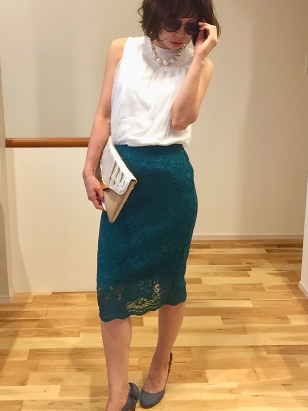 「GUのアイテム（スカート、グリーン系）」を使った、m@chacoさん（レディース・155cm）の春コーディネートの1枚目の写真