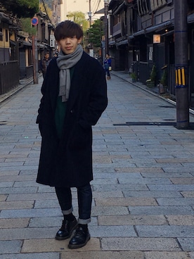 「HARE（ハレ）のアイテム（チェスターコート）」を使った、Ryoさん（メンズ・173cm）の冬コーディネート