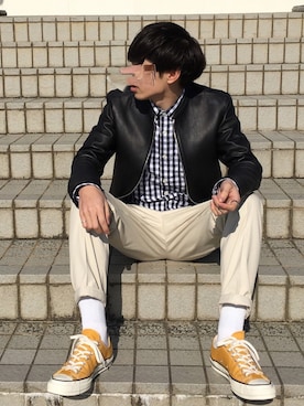 「LIDNM（リドム）のアイテム（ライダースジャケット）」を使った、Ryoさん（メンズ・172cm）の冬コーディネート