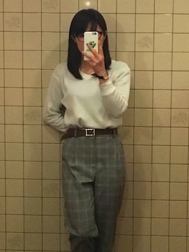 「UNIQLO（ユニクロ）のワッフルVネックT（長袖）（Tシャツ/カットソー、ホワイト系）」を使った、shi_naroさん（レディース・161cm）の春コーディネート