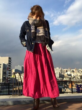 「Auntie Rosa Holiday（アンティローザホリデー）の【Holiday】ｶｯﾄオフデニムGジャン（デニムジャケット、ブルー系）」を使った、Haruさん（レディース・152cm）の冬コーディネート