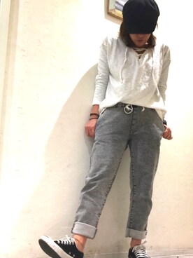 「Shelly island（シェリーアイランド）の【Shelly island】 レースアップカットプルオーバー（Tシャツ/カットソー、ホワイト系）」を使った、Haruさん（レディース・152cm）の冬コーディネート