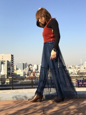 「AIC.（エーアイシー）のロープジャガード コーデュロイ×チュール・ビスチェワンピース（ワンピース、レッド系）」を使った、Haruさん（レディース・152cm）の冬コーディネート