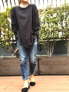 「Rodeo Crowns（ロデオクラウンズ）のアイテム（デニムパンツ、ブルー系）」を使った、Haruさん（レディース・152cm）の冬コーディネート