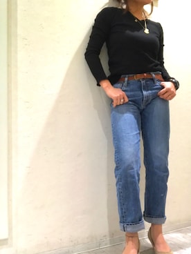 「Ungrid（アングリッド）のスリムストレートデニム（デニムパンツ、ブルー系）」を使った、Haruさん（レディース・152cm）の冬コーディネート