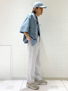 「サックスブルー」｜「アイテム（ブルゾン）」を使った、もりさん（メンズ・170cm）の夏コーディネート