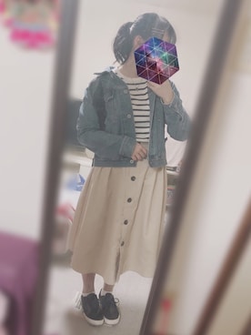 「GU（ジーユー）のフロントボタンフレアスカート（スカート、ベージュ系）」を使った、*Reinaさん（レディース・157cm）の春コーディネート