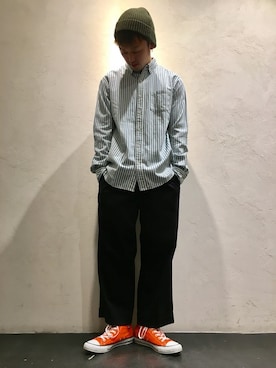 「GLOBAL WORK（グローバルワーク）のデニムシャツ長袖/734080（シャツ/ブラウス、ブルー系）」を使った、たけ 【GLOBAL WORK京都六角】さん（メンズ・172cm）の春コーディネート