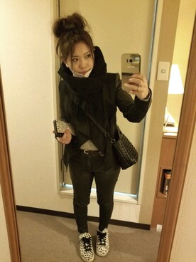 「ZARA BASIC（ザラベーシック）のアイテム（ライダースジャケット）」を使った、Kんのさん（レディース・153cm）の冬コーディネート