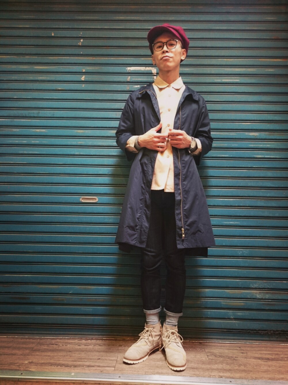 「TWOXPIECE、新竹市文昌街中正台夜市第六街245號、vintageshop、ootd、outfit、nogender、England、LONDON、vintage、day20170218」｜「TWO PIECE 二手屋のアイテム（シャツ/ブラウス、オレンジ系）」を使った、TWO PIECE 丫撇さん（メンズ・171cm）の冬コーディネートの1枚目の写真