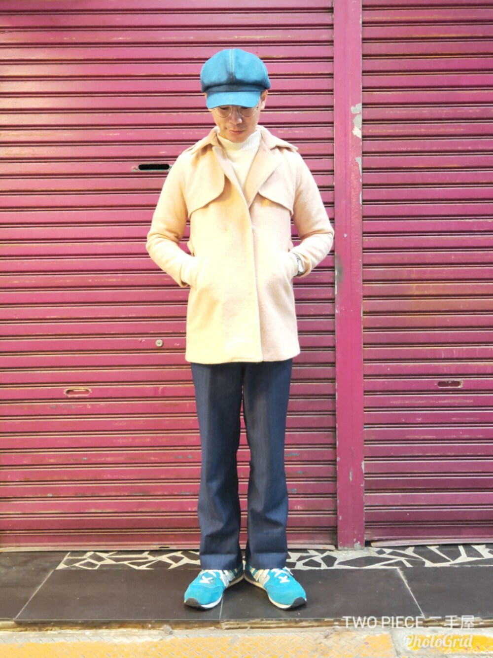 「TWO PIECE 二手屋、台灣、新竹市中正台第六街272號、ootd、vintage、古着、古着MIX、冬コーデ、冬、New Balance」｜「TWO PIECE 二手屋のアイテム（ダッフルコート、ピンク系）」を使った、TWO PIECE 丫撇さん（メンズ・171cm）の冬コーディネートの1枚目の写真